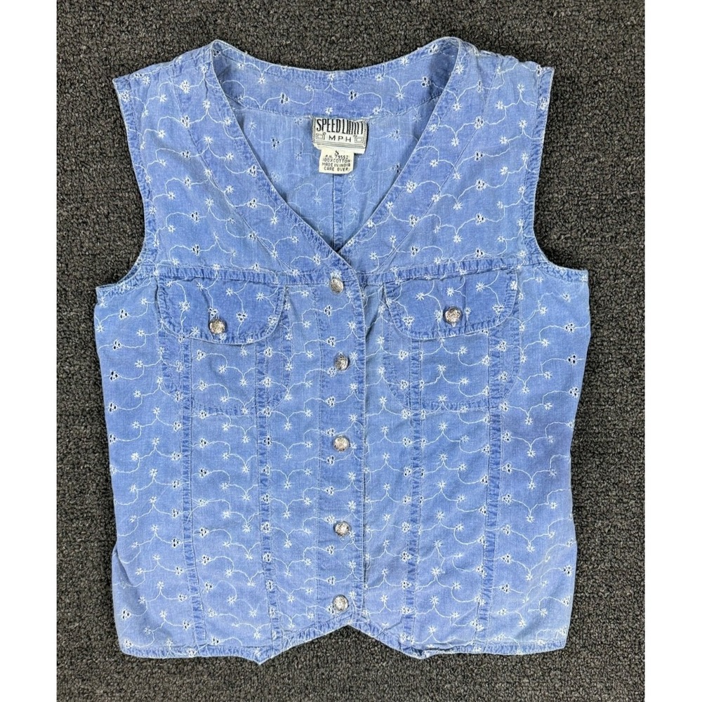 Y2K Denim Vest Top Floral‎ Embroidered Blue Button Front Indie Soft Girl